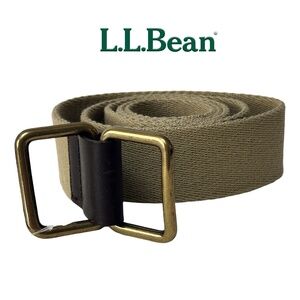 L.L. Bean Belt Square Ring Buckle Cotton Web & Leather Khaki Made in USA Vintage
